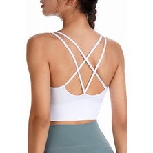 Ghassy Co. Kadın Cross Back Spor Sütyeni Beyaz 4 Yönlü Streç Kumaş ile Yoga ve Egzersiz için İdeal