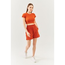 Butikgiz Kiremit Rahat %100 Pamuklu Penye Beli  Lastikli Bel Cepli Kısa Trendy  Kadın Şort