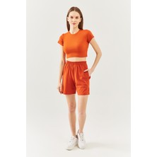 Butikgiz Kiremit Rahat %100 Pamuklu Penye Beli  Lastikli Bel Cepli Kısa Trendy  Kadın Şort