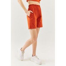 Butikgiz Kiremit Rahat %100 Pamuklu Penye Beli  Lastikli Bel Cepli Kısa Trendy  Kadın Şort