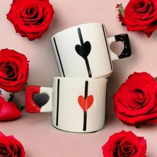 İki Seramik 2'li Siyah & Kırmızı Zarif Kalp Baskılı Kupa / Mug Set