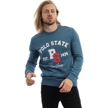 Polo State Erkek 3 İplik Pamuklu Baskılı Regular Fit Basic Bisiklet Yaka Mavi Sweatshirt