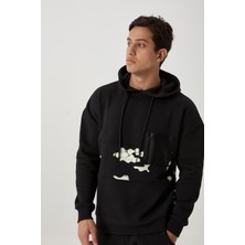 Polo State Erkek 3 İplik Pamuklu İçi Polarlı Oversize Göğüs Cepli Kapuşonlu Siyah Sweatshirt