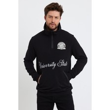 Polo State Erkek Relax Fit 3 İplik Rahat Kesim Pamuklu İçi Polarlı Yarım Fermuarlı Dik Yaka Siyah Sweatshirt