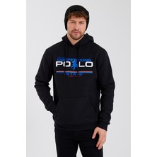 Polo State Erkek Kapüşonlu Baskılı 3 İplik Sweatshirt Siyah
