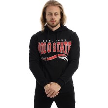 Polo State Erkek 3 İplik Pamuklu İçi Polarlı Regular Fit Baskılı Kapüşonlu Kanguru Cepli Siyah Sweatshirt