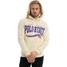 Polo State Erkek 3 İplik Pamuklu İçi Polarlı Regular Fit Baskılı Kapüşonlu Kanguru Cepli Ekru Sweatshirt