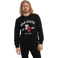 Polo State Erkek 3 İplik Pamuklu Baskılı Regular Fit Basic Bisiklet Yaka Siyah Sweatshirt