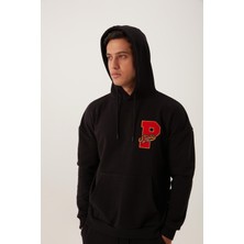 Polo State Erkek 3 İplik Pamuklu İçi Polarlı Oversize Nakışlı Kapüşonlu Kanguru Cepli Siyah Sweatshirt
