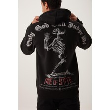 Polo State Erkek 3 İplik Pamuklu İçi Polarlı Ön Arka Baskılı Oversize Kapüşonlu Siyah Sweatshirt