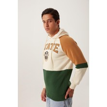 Polo State Erkek 3 İplik Pamuklu İçi Polarlı 3 Renkli Oversize Baskılı Kapüşonlu Ekru Sweatshirt
