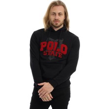 Polo State Erkek 3 İplik Pamuklu İçi Polarlı Süzine Nakışlı Regular Fit Kapüşonlu Kanguru Cepli Siyah Sweatshirt