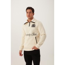 Polo State Erkek Relax Fit 3 İplik Rahat Kesim Pamuklu İçi Polarlı Yarım Fermuarlı Dik Yaka Ekru Sweatshirt