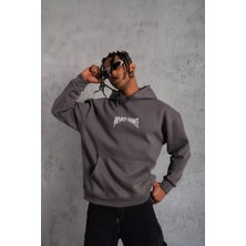 Giyim Center Erkek Kordon Ipli Baskılı Kapüşonlu Sweatshirt - Füme