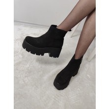 Çiğdem Kundura Gola Süet Platform Topuk Kısa Bot - Siyah-Süet - 37