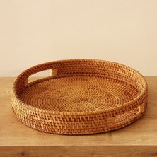 Naturel Home Bohem Rattan Kulplu Yuvarlak Tepsi 35X6 cm Large, Iskandinav, Modern