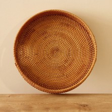 Naturel Home Bohem Rattan Kulplu Yuvarlak Tepsi 35X6 cm Large, Iskandinav, Modern