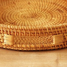 Naturel Home Bohem Rattan Kulplu Yuvarlak Tepsi 35X6 cm Large, Iskandinav, Modern