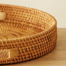 Naturel Home Bohem Rattan Kulplu Yuvarlak Tepsi 35X6 cm Large, Iskandinav, Modern