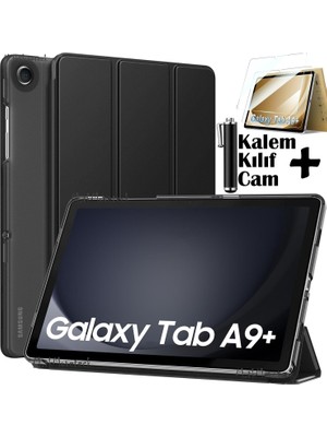M.TK Moveteck Samsung Galaxy Tab A9 Plus 11 Inç SM-X210 Tablet Kılıfı Akıllı Smart Uyku Modlu Katlanabilir Arkası Şeffaf Standlı Kılıf + Ekran Koruyucu Cam + Kalem 3'lü Set SM-X213 X215 X217