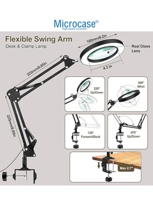 Microcase 160 mm Kelepçeli 3 Işıklı LED 10X Büyütmeli Okuma Ince Işçilik Için Büyüteç Masa Lambası -AL4068