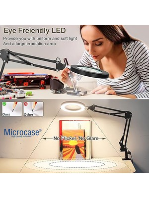 Microcase 160 mm Kelepçeli 3 Işıklı LED 10X Büyütmeli Okuma Ince Işçilik Için Büyüteç Masa Lambası -AL4068