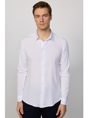 Slim Fit Dar Kesim Uzun Kol Dökümlü Viskon Şık Erkek Beyaz Gömlek