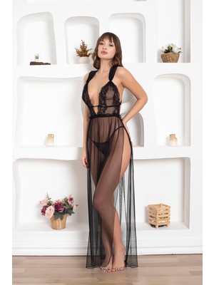 Nbb Siyah Dantelli Uzun Tül Yırtmaçlı Gecelik