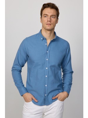 Tudors Erkek Slim Fit Dar Kesim %100 Pamuk Keten Doku Düğmeli Yaka Indigo Gömlek