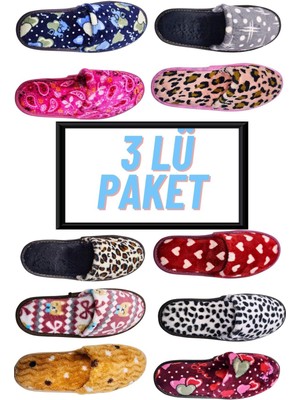 İmershoes Kadın 3 Lü Karışık Önü Kapalı Yıkanabilir Puf Dikişli Içi Süngerli Kışlık Çeyiz Bohça Misafir Ev Terliği 253