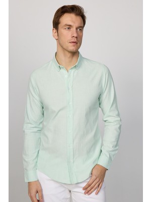 Tudors Erkek Slim Fit Dar Kesim %100 Pamuk Keten Doku Düğmeli Yaka Mint Gömlek