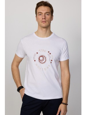 Tudors Erkek Slim Fit Dar Kesim %100 Pamuk Yumuşak Dokulu Baskılı Beyaz Bisiklet Yaka Tişört