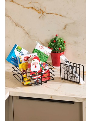 Edora Home 2'li Siyah Servis Sunum Seti, Çok Amaçlı Düzenleyici ve Kafesli Peçetelik - Metal Paslanmaz