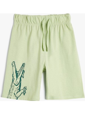 Koton Dinozorlu Şort Beli Bağlamalı Yeşil Pamuklu Erkek Çocuk İçin Rahat Kesim