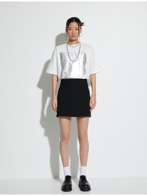 Koton Metalik Baskılı Tişört Kısa Kollu Bisiklet Yaka