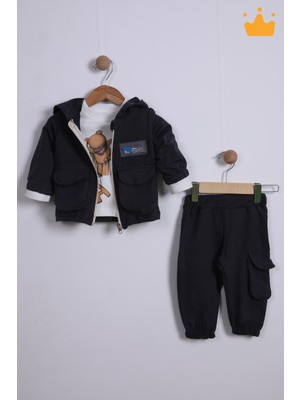 Babyhola Bayramlık 3'lü Kapşonlu Hırka Badi Pantolon Erkek Bebek Çocuk Alt Üst Takım