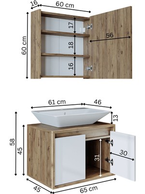 Banos Banyo Roomart Tm7.2 Ayaksız 2 Kapaklı Lavabolu Ahşap-Mat Beyaz Mdf 65 cm Banyo Dolabı + Aynalı Banyo Üst Dolabı