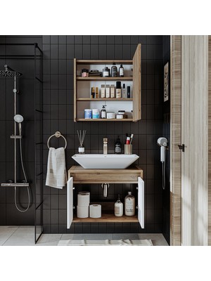 Banos Banyo Roomart Tm7.2 Ayaksız 2 Kapaklı Lavabolu Ahşap-Mat Beyaz Mdf 65 cm Banyo Dolabı + Aynalı Banyo Üst Dolabı