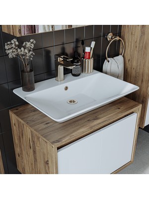 Banos Banyo Roomart Tm7.2 Ayaksız 2 Kapaklı Lavabolu Ahşap-Mat Beyaz Mdf 65 cm Banyo Dolabı + Aynalı Banyo Üst Dolabı