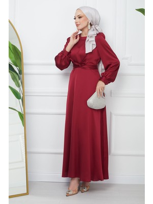 Bordo Bağlama Detaylı Saten Abiye