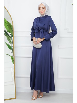 Lacivert Bağlamalı Saten Abiye