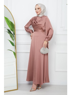 Gül Kurusu Yaka Detaylı Kol Bağlamalı Saten Abiye