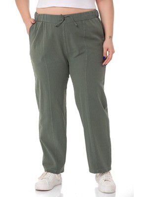 Disentis Modest Büyük Beden Beli Lastikli ve Ip Büzgü Detaylı Haki Pantolon