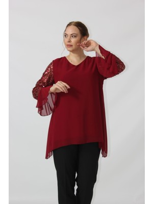 Moda Berray 1939  Kolu Pullu Şifon Büyük Beden Şık Bluz