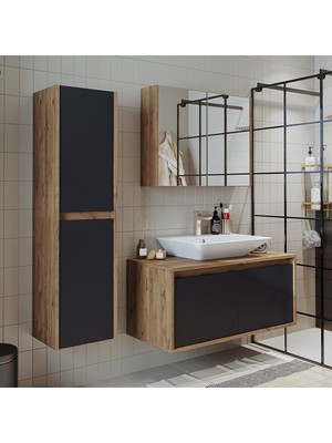 Roomarttm7.3 Lavabolu Ahşap-Antrasit Mdf 100CM Banyo Dolabı+Aynalı Banyo Üst Dolabı+Banyo Boy Dolabı