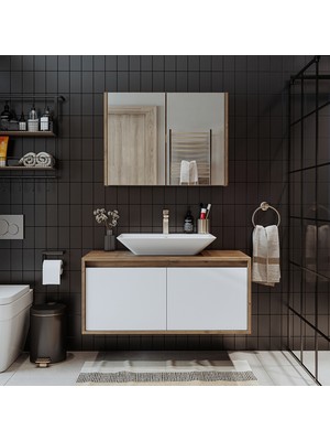 Banos Banyo Roomart Tm7.2 Ayaksız 2 Kapaklı Lavabolu Ahşap-Mat Beyaz Mdf 100 cm Banyo Dolabı + Aynalı Banyo Üst Dolabı