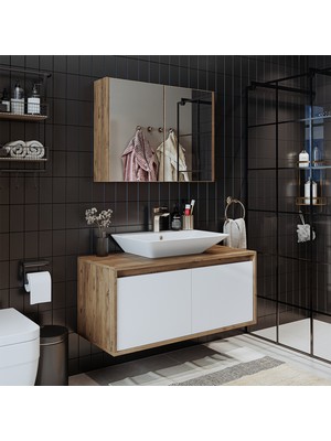 Banos Banyo Roomart Tm7.2 Ayaksız 2 Kapaklı Lavabolu Ahşap-Mat Beyaz Mdf 100 cm Banyo Dolabı + Aynalı Banyo Üst Dolabı