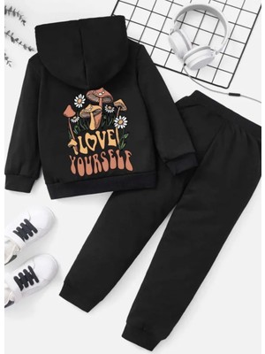 Kids Face Özel Tasarım Kapüşonlu Love Yourself Baskılı %100 Pamuk Kışlık Yeni Stil Kız Çocuk Eşofman Takımı