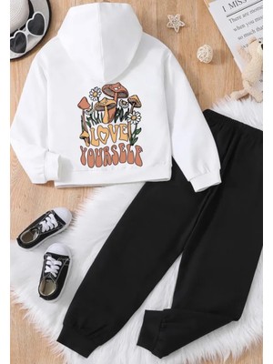 Kids Face Özel Tasarım Kapüşonlu Love Yourself Baskılı %100 Pamuk Kız Çocuk Eşofman Takımı
