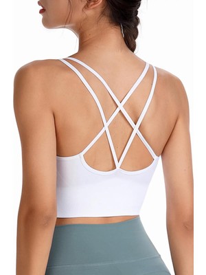 Ghassy Co. Kadın Cross Back Spor Sütyeni Beyaz 4 Yönlü Streç Kumaş ile Yoga ve Egzersiz için İdeal